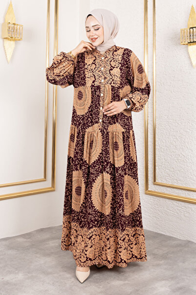 Tesettür Dünyası Varak Desenli Viskon Uzun Tesettür Elbise TSD250191 Mürdüm