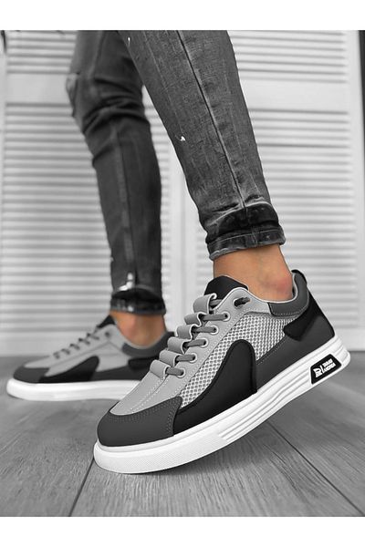 dehaine Men's casual canvas sneakers, gray with black print, A108