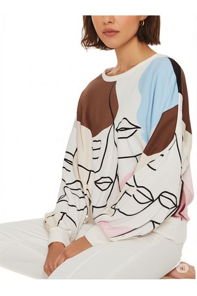 DHDmoda Women's Figured Colorful Two Thread Sweatshirt