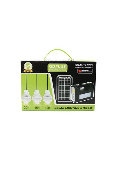 OEM GDPLUS solar lighting system with 3 bulbs, flashlight and USB charger, portable, GD-8017COB