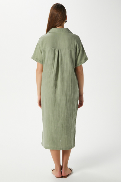 Ritnice Kadın Eva %100 Pamuk Müslin Polo Yaka Yırtmaçlı Haki Midi Elbise