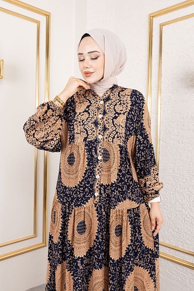 Tesettür Dünyası Φόρεμα με μοτίβο βισκόζης TSD250191 Navy Blue
