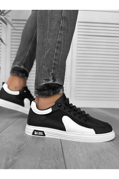 dehaine Men's casual canvas sneakers, black with white print, A108