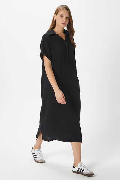 Ritnice Women's Eva 100% Cotton Muslin Polo Neck Slit Black Midi Dress