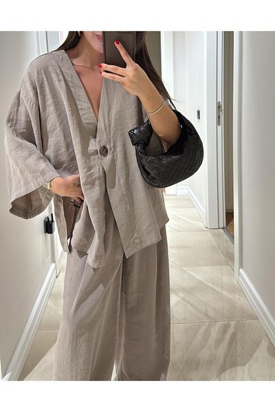 Lavanta Tekstil V Neck Single Button Kimono Pants Suit