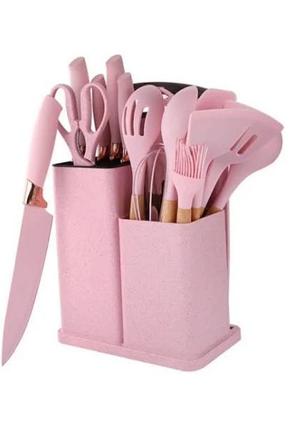OEM Set of 19 silicone kitchen utensils with wooden handle, stand and chopper PINK