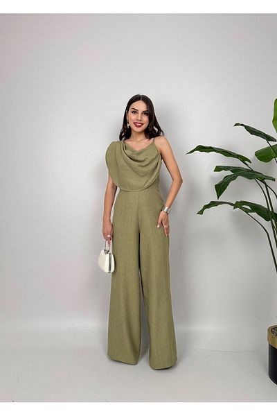 GİZONLY Women's Yellow One Shoulder Draped Stylish Jumpsuit