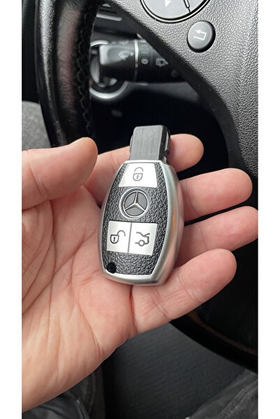 OEM Husă cheie argintie cu inserții din piele pentru Mercedes Benz A B C E GL S GLA GLK CLS Clasa AMG W204 W205