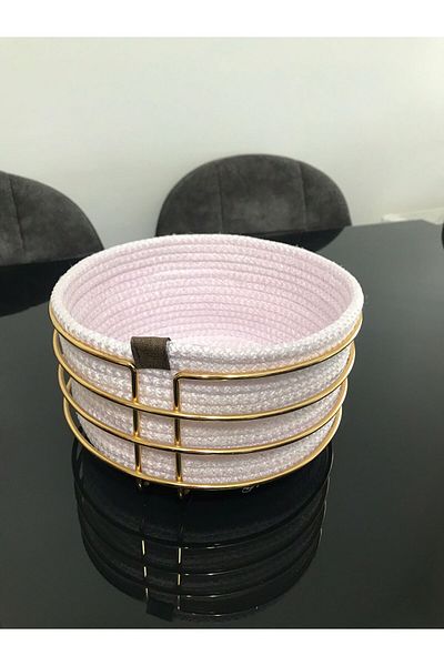 Farklıevim Round Bread Basket Stylish, Bread Basket Macrame-Gold Metal Stainless
