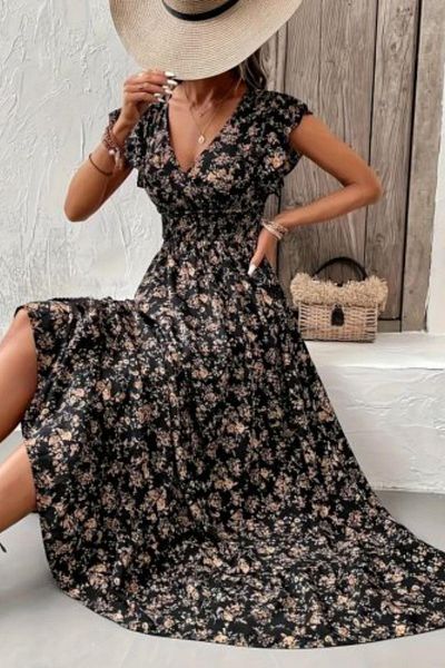 Mossta Double Breasted Collar Elastic Waist Floral Patterned Dress - Black