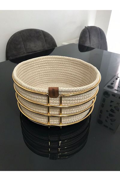 Farklıevim Round Bread Basket Stylish, Bread Basket Macrame-Gold Metal Stainless