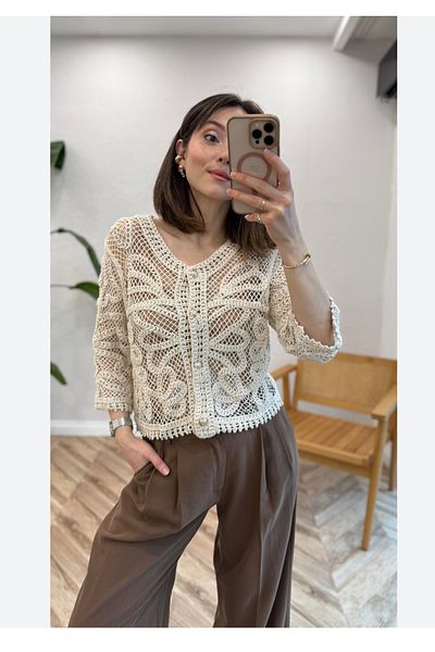 via moda Cardigan with Guipure Buttons Ecru
