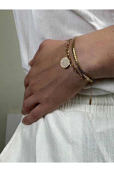 Arvens Gold Men's Double Chain Bracelet Women's Stainless Steel Color Does Not Fade Unisex Tarnish Steel Bracelet
