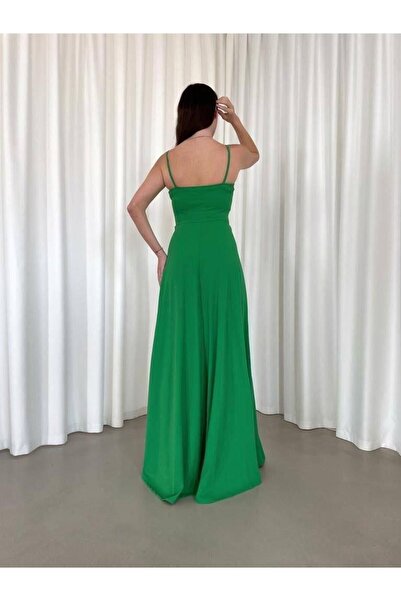 Modafeminen Esnek Kumaş Ip Askılı Yırtmaç Detaylı Uzun Abiye Ve Mezuniyet Elbisesi Yeşil 582189