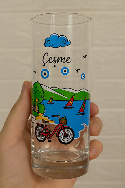 Çeşme Home Alaçatı Çeşme Urla Patterned Glass Cup 13-14 cm Glass Soft Drink Cup Color Printed