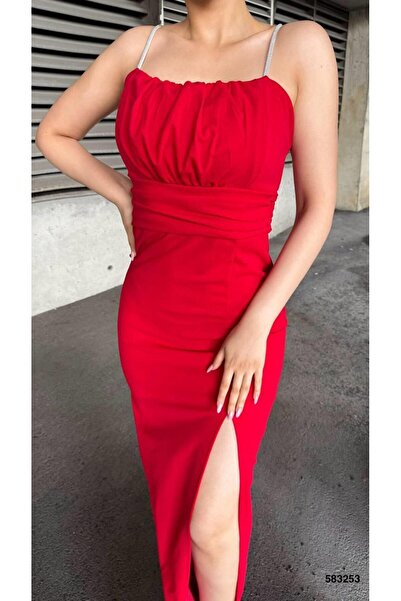 Modafeminen Göğüs Büzgülü Taş Askılı Scuba Krep Kumaş Elbise Kirmızı 583253