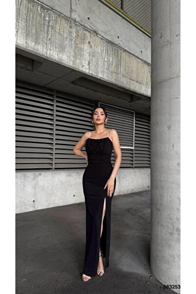 Modafeminen Göğüs Büzgülü Taş Askılı Scuba Krep Kumaş Elbise Siyah 583253