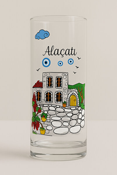 Çeşme Home Alaçatı Çeşme Urla Patterned Glass Cup 13-14 cm Glass Soft Drink Cup Color Printed