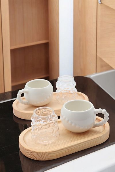 LUMİNA 6 Piece Porcelain Coffee Cup Set for 2 People - Porcelain Cup - Grape Water Cup - Bamboo Coaster
