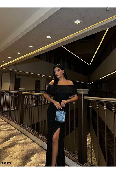 Modafeminen Simli Düşük Omuz Fırfırlı Yırtmaç Detaylı Abiye Elbise Siyah 583175