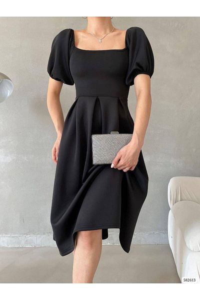 Modafeminen Φόρεμα με τετράγωνο γιακά με μπαλόνι μανίκι μαύρο 582613