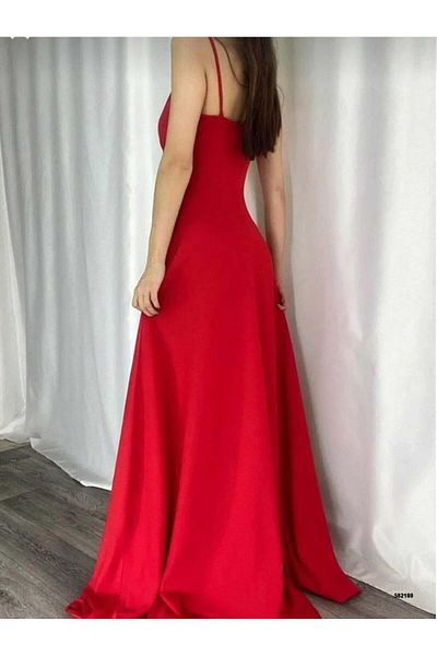 Modafeminen Stretch Fabric Rope Strap Slit Detailed Long Evening Dress and Graduation Dress Red 582189