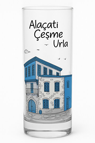 Çeşme Home Alaçatı Çeşme Urla Patterned Glass Cup 13-14 cm Glass Soft Drink Cup Color Printed