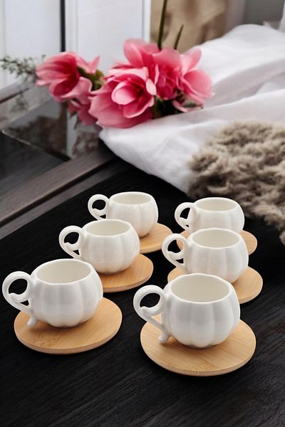 LUMİNA 6-Person Pumpkin Form 12-Piece Coffee Cup Set with Bamboo Base