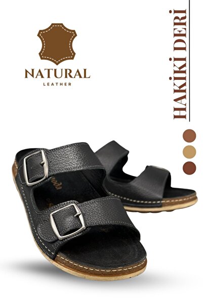 Moda Anna Double Buckle Adjustable Genuine Leather Men's Slippers Natural Leather Slippers t Black