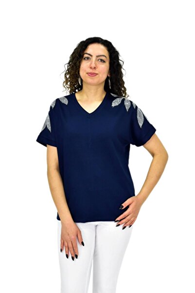 lavella Kadın Yarım Kol V Yaka Taşlı Likralı Tişöt BGL-ST04654