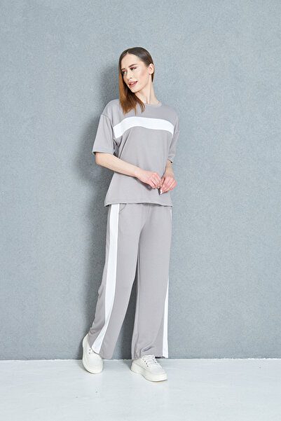 let s shine Women's Front Stripe Detailed Modal Fabric Short Sleeve Tracksuit Set