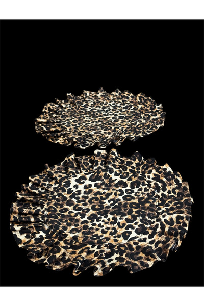 happyteks boutique Fırfırlı Keten Amerikan Servisi Yuvarlak supla 2 li leopar