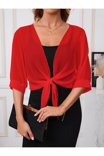 JANES Women's Three Quarter Sleeve Front Tie Short Chiffon Bolero Jacket