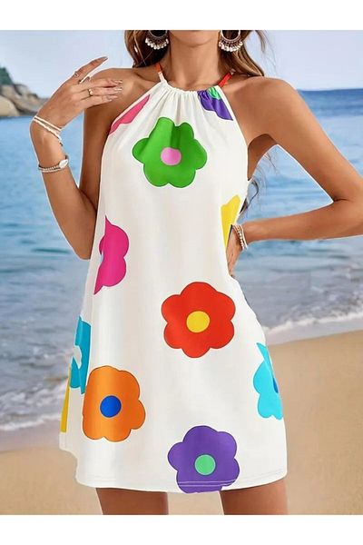 Fü Me Style Fü&Me Style Women's Halter Neck Floral Patterned White Dress