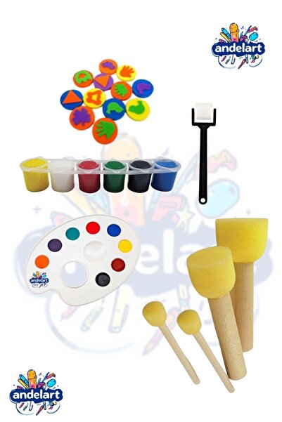 andelart Parmak Boyası, 4li Ponpon, Eva Baskı, Sünger Rulo Fırça, Palet Çocuk Boyama Seti
