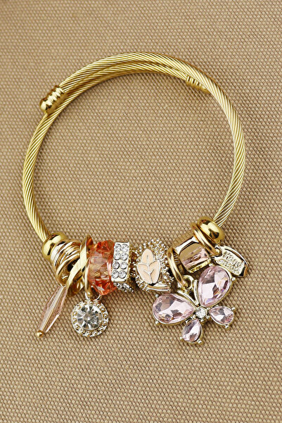 Keyifli Hayaller Çelik Bileklik - Pembe Kelebek Charmlı 316L Çap:5,6 Çelik Ke...