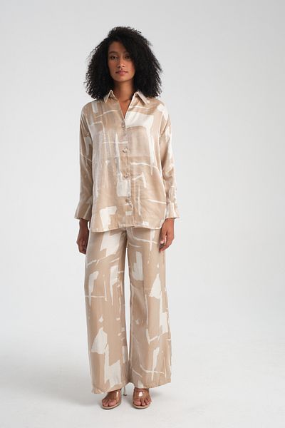 efstyle Satin Patterned Shirt and Pants Suit with Elastic Waist