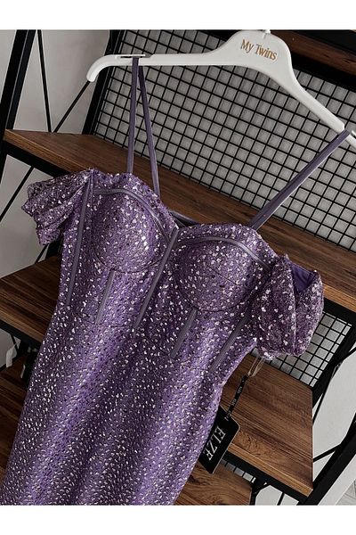 ELZE Ewas Design Midi Length Women's Sequined Dress with Strap Sleeve Detail Corset