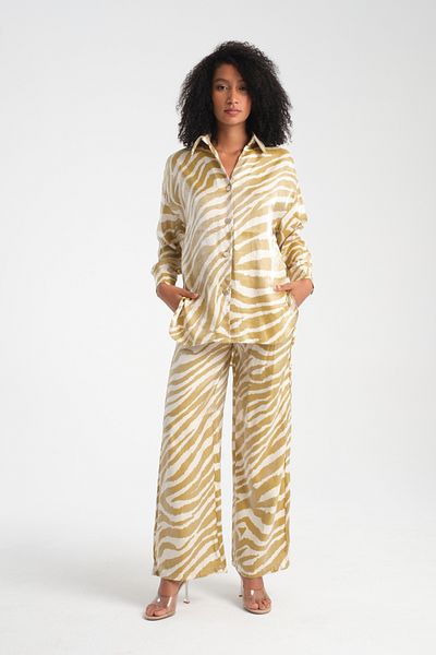 efstyle Satin Patterned Shirt and Pants Suit with Elastic Waist