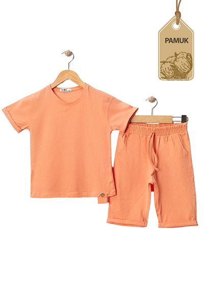 MK Mukko Kids Girl Boy's 3-Piece Set with Wooden Buttons Design Basic Summer Bottom Top Set (Red Beige Mint)