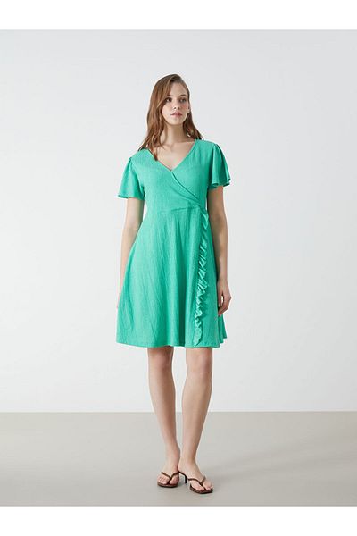 LC Waikiki Lcw Comfort Green Double Breasted Collar Textured Women Dress S5Ig00Z8Nvy25