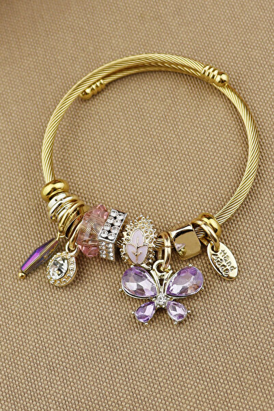 Keyifli Hayaller Çelik Bileklik - Mor Kelebek Charmlı 316L Çap:5,6 Çelik Kele...