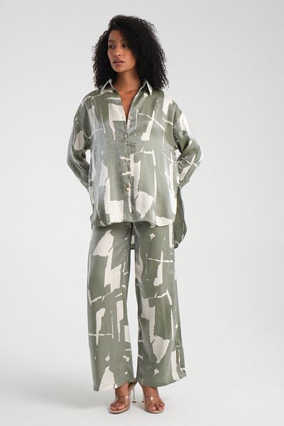 efstyle Satin Patterned Shirt and Pants Suit with Elastic Waist