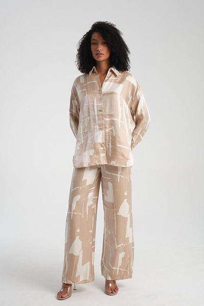 efstyle Satin Patterned Shirt and Pants Suit with Elastic Waist