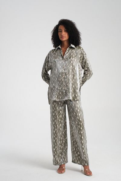 efstyle Satin Patterned Shirt and Pants Suit with Elastic Waist