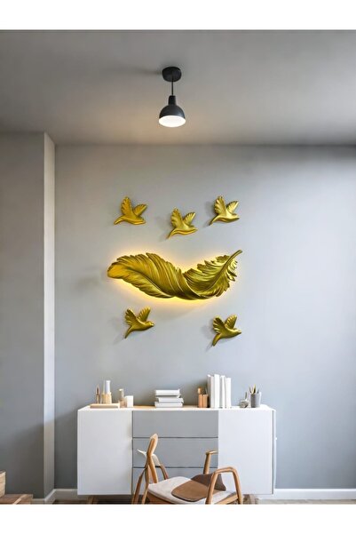 Genel Markalar Altın Tüy Ve Kuş Detaylı Büyük Aplik Süsü-83cm x 30cm, kuş 19c...