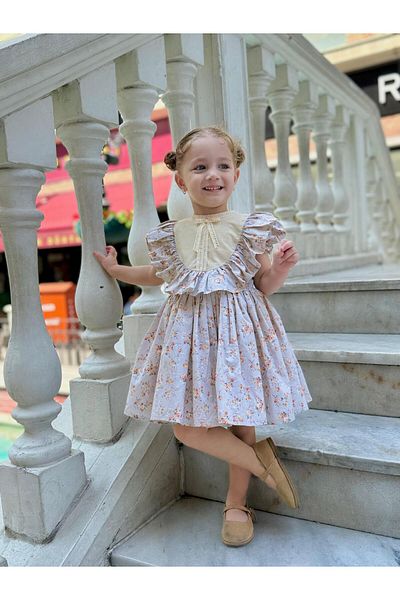 Hly Karol Tasarım Laurel Cappuccino Floral Vintage Baby Girl Dress,Birthday Dress,Photo Shoot Dress,Fit 0-7 Years