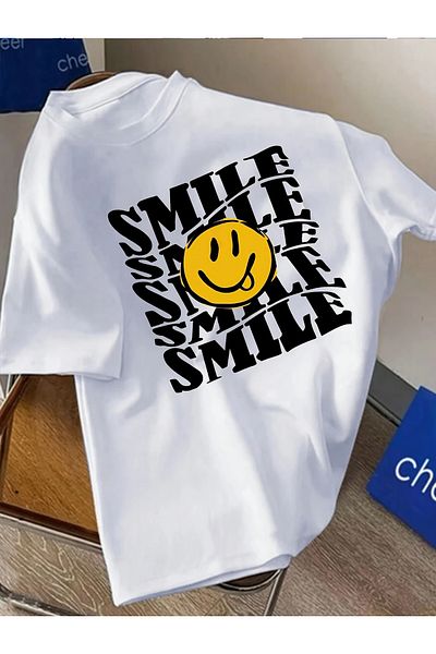 Massgai Unisex Smile Emoji Printed Oversize 100% βαμβακερό μπλουζάκι
