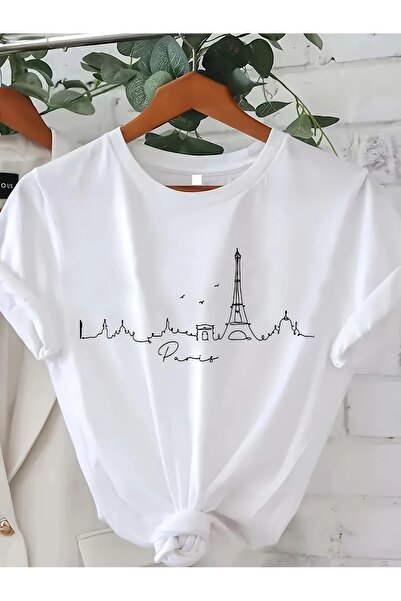 Massgai Tricou oversize unisex Paris Eiffel Tower imprimat 100% bumbac