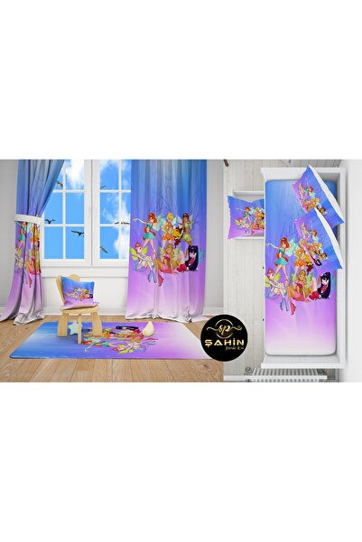 Winx club Çocuk Odası Takımı – 2 Fon Perde, Yatak Örtüsü, Yastık Kılıfı ve Kaydırmaz Halı